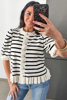 image-Stripped Beige Stripe Knit Short Sleeve Sweater Cardigan