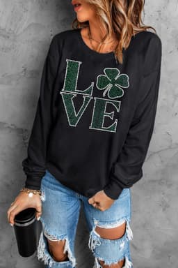 image-Black Rhinestone St. Patrick's Clover Pullover Sweatshirt - Holiday Wear