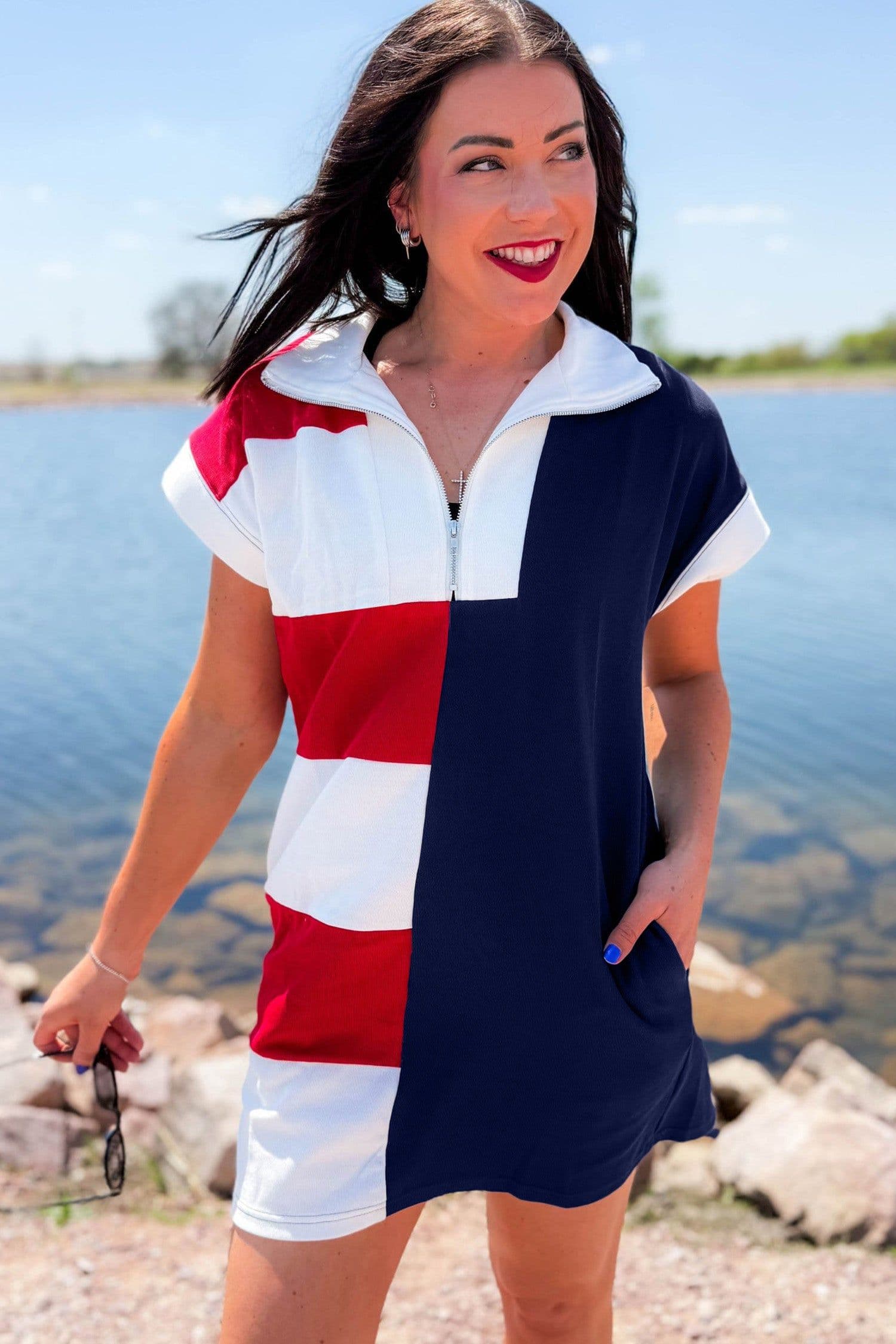 image-Navy Blue Americana Colorblock Stripes Zip up Collared T Shirt Mini Dress