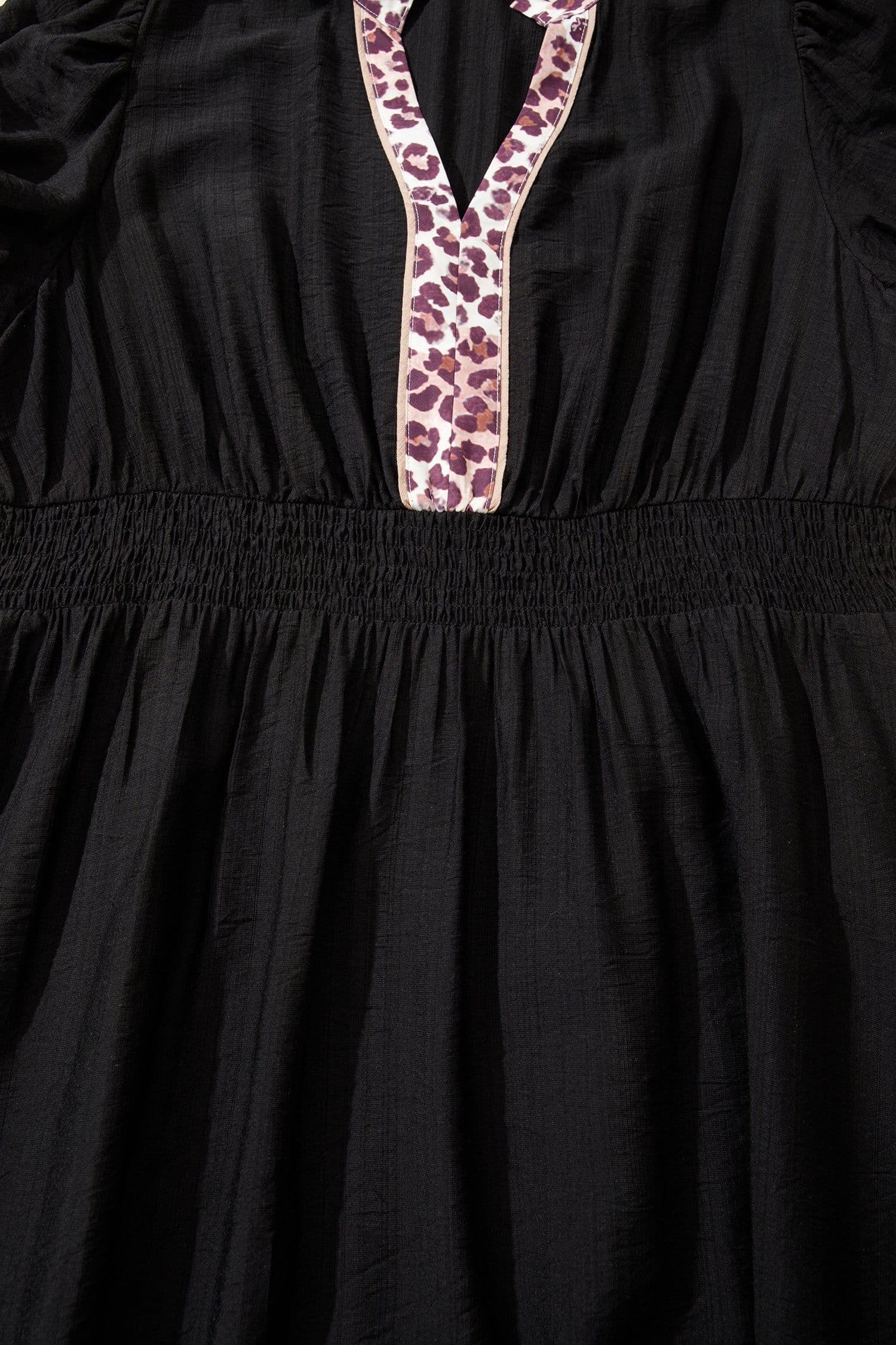 image-Black Leopard V Neck Patchwork Smocked Waist Plus Size Ruffled Dress