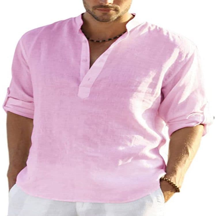 image-Men's Casual Cotton Linen Solid Color Long Sleeve Shirt Loose Stand Collar