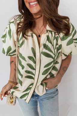 image-Green Leaf Print Short Balloon Sleeve Shirt