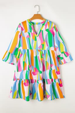 image-Green Abstract Print Ruffled Sleeve V Neck Dress