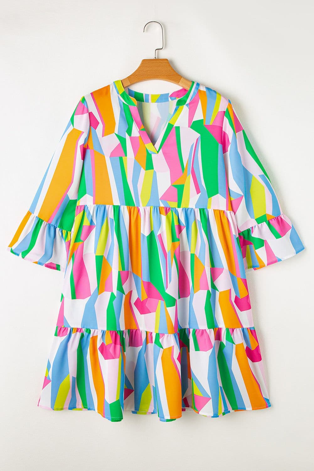 image-Green Abstract Print Ruffled Sleeve V Neck Dress