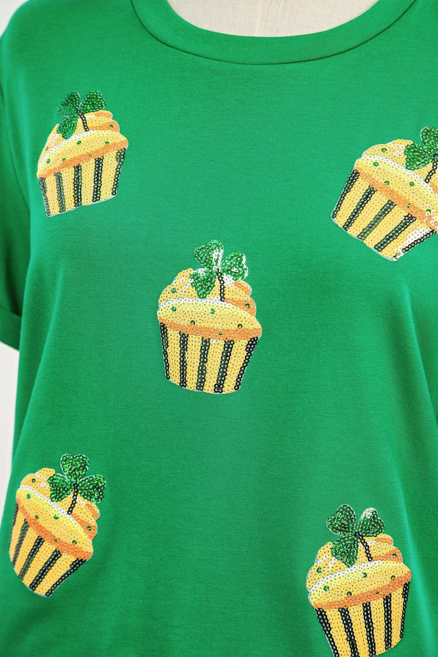 image-Bright Green St Patricks Day Sequin Cupcake Graphic T Shirt