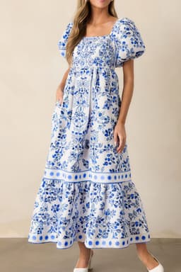 image-Sky Blue Floral Print Square Neck Bubble Sleeve High Waist Maxi Dress