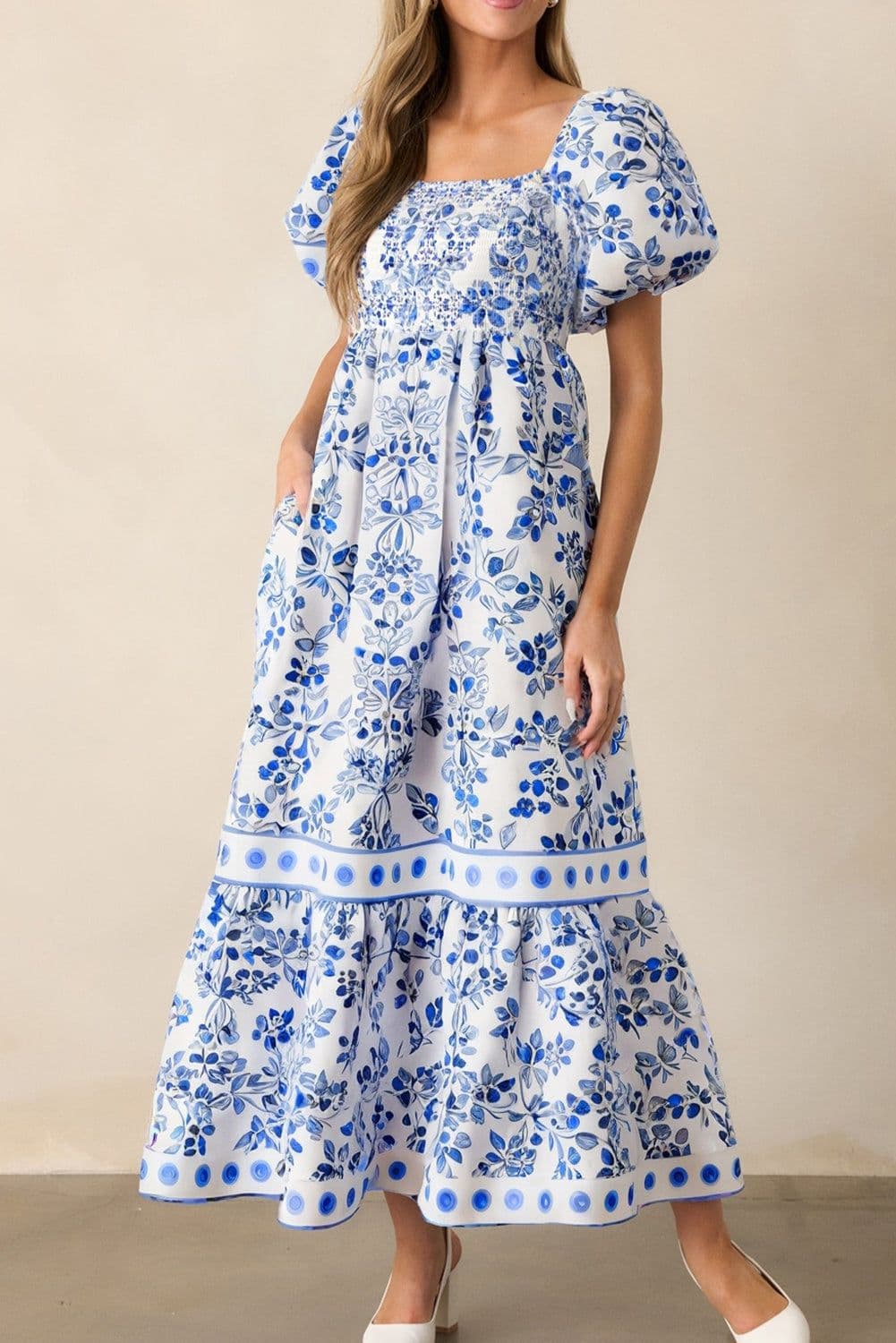 image-Sky Blue Floral Print Square Neck Bubble Sleeve High Waist Maxi Dress
