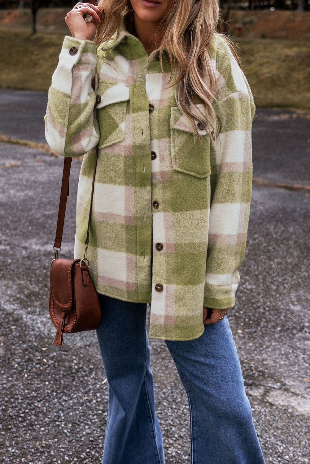 image-Sage Green Plaid Baggy Shacket - Buttoned Flap Pockets