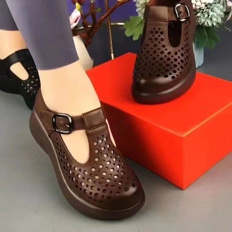 image-Maillard 2024 spring and summer thick heel thick sole casual comfortable breathable hollow single shoes genuine leather round toe soft bottom hole shoes