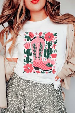image-White Western Boots Flower Print Round Neck T Shirt