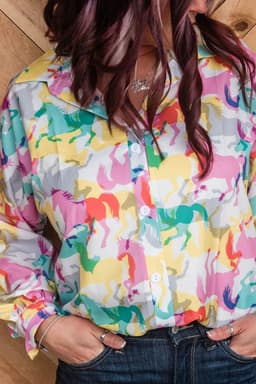 image-White Colorful Horse Printed Long Sleeve Button Up Shirt