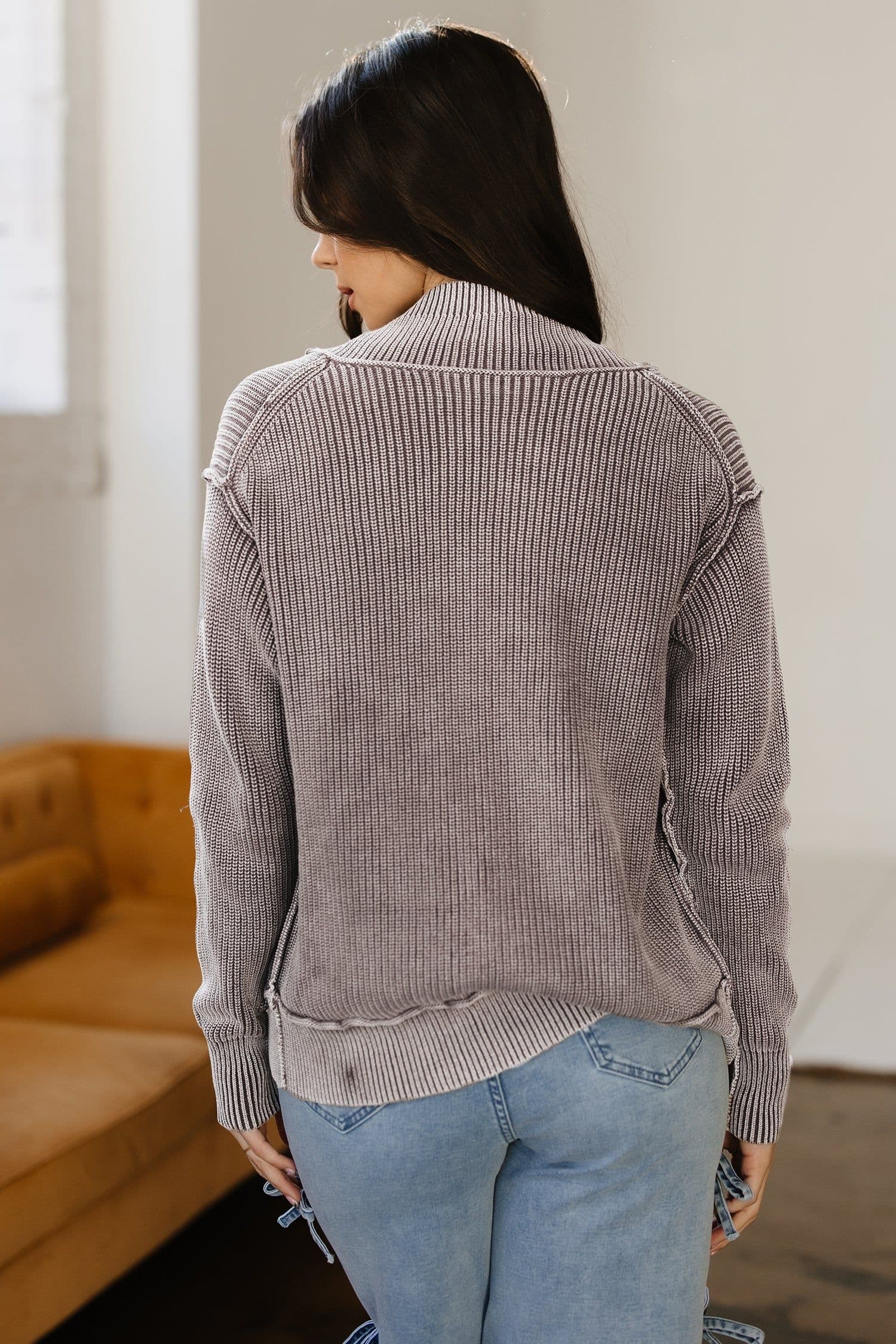 image-Dark Brown Mineral Wash Knit Cardigan - Patchwork