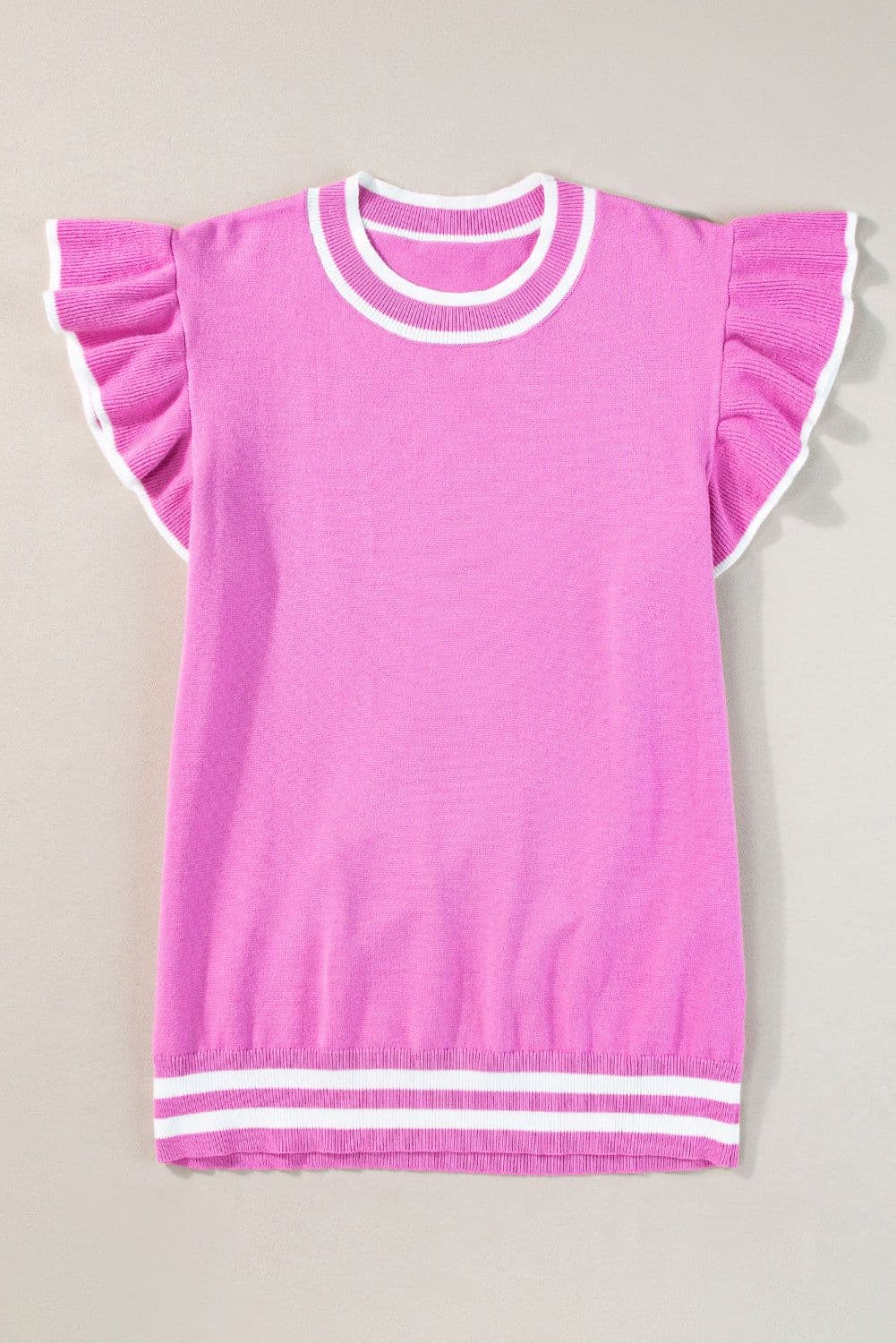 image-Bonbon Edge Piping Ruffled Sleeve Round Neck Knit Top
