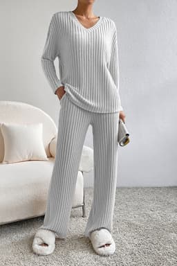 image-Ribbed Knit V Neck Slouchy Two-Piece Outfit - Khaki Modern Chic
