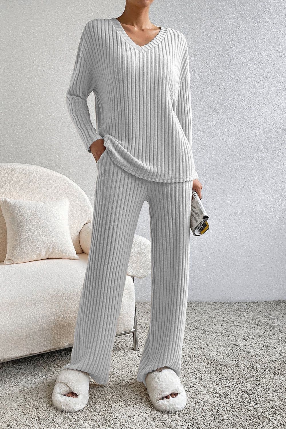 image-Ribbed Knit V Neck Slouchy Two-Piece Outfit - Khaki Modern Chic