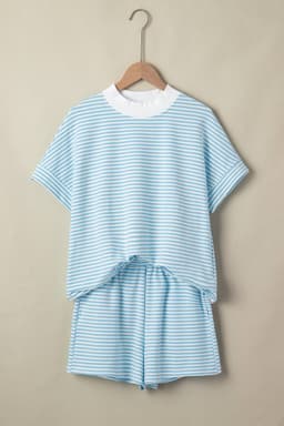 image-Sky Blue Stripe Cuffed Sleeve Contrast Mock Neck Tee Casual 2pcs Short Set
