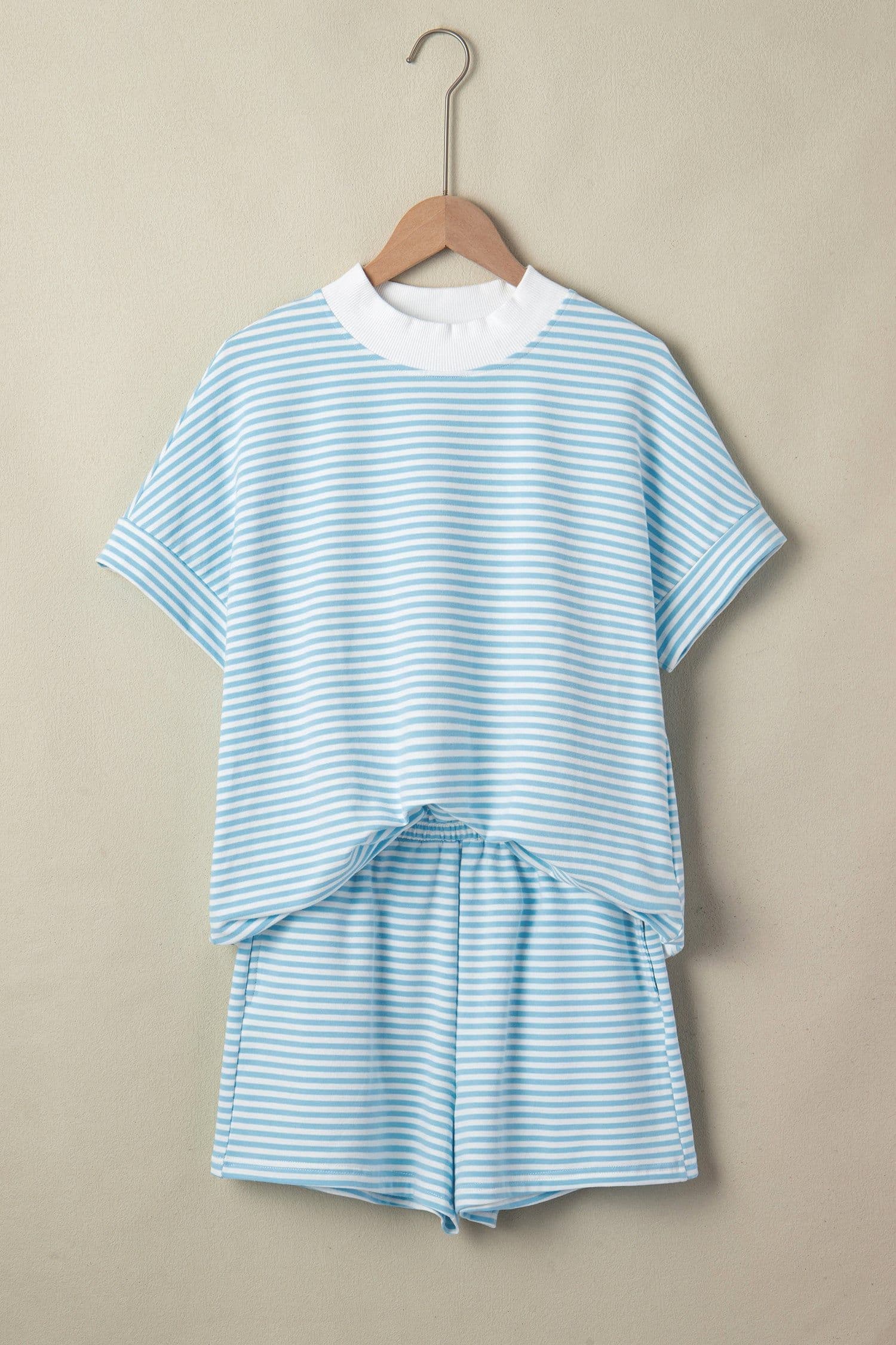 image-Sky Blue Stripe Cuffed Sleeve Contrast Mock Neck Tee Casual 2pcs Short Set