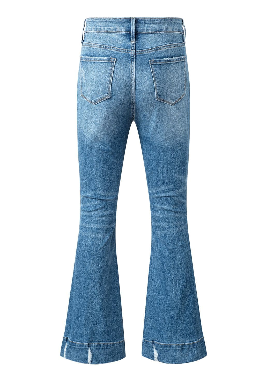 image-Sky Blue Distressed Medium Wash Flare Jeans (65 characters)