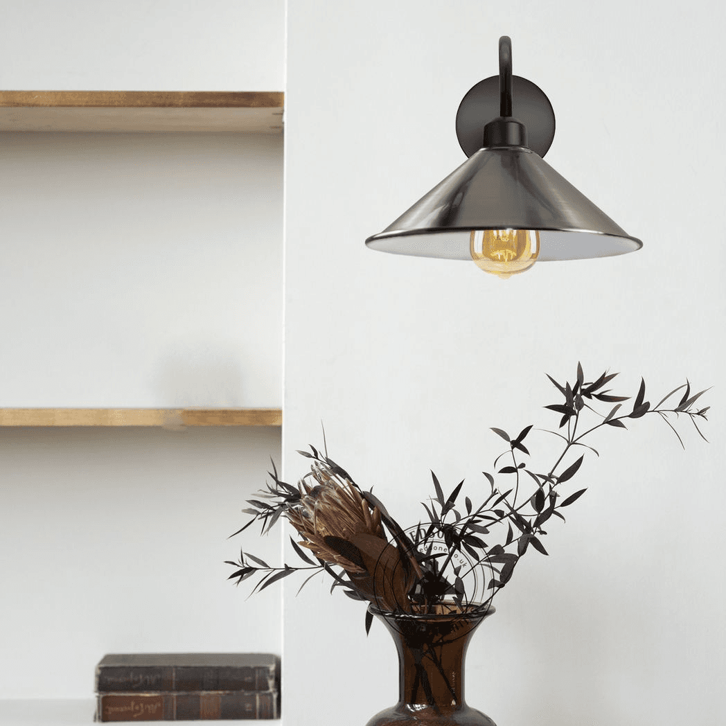 image-Satin Nickel Wall Light Fixture,Black Wall Sconce E27 Base Socket Screw Type Wall Mounted Swan Neck Cone Shape Shade