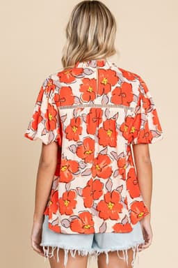 image-Orange Floral Bubble Sleeve Frill Neck Loose Blouse