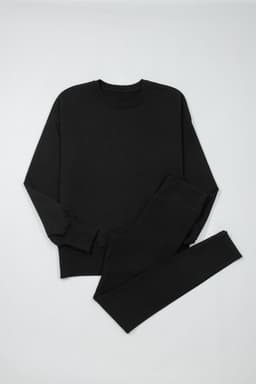 image-Black Solid Color Oversize Slit Sweatshirt Ribbed Leggings 2pcs Set