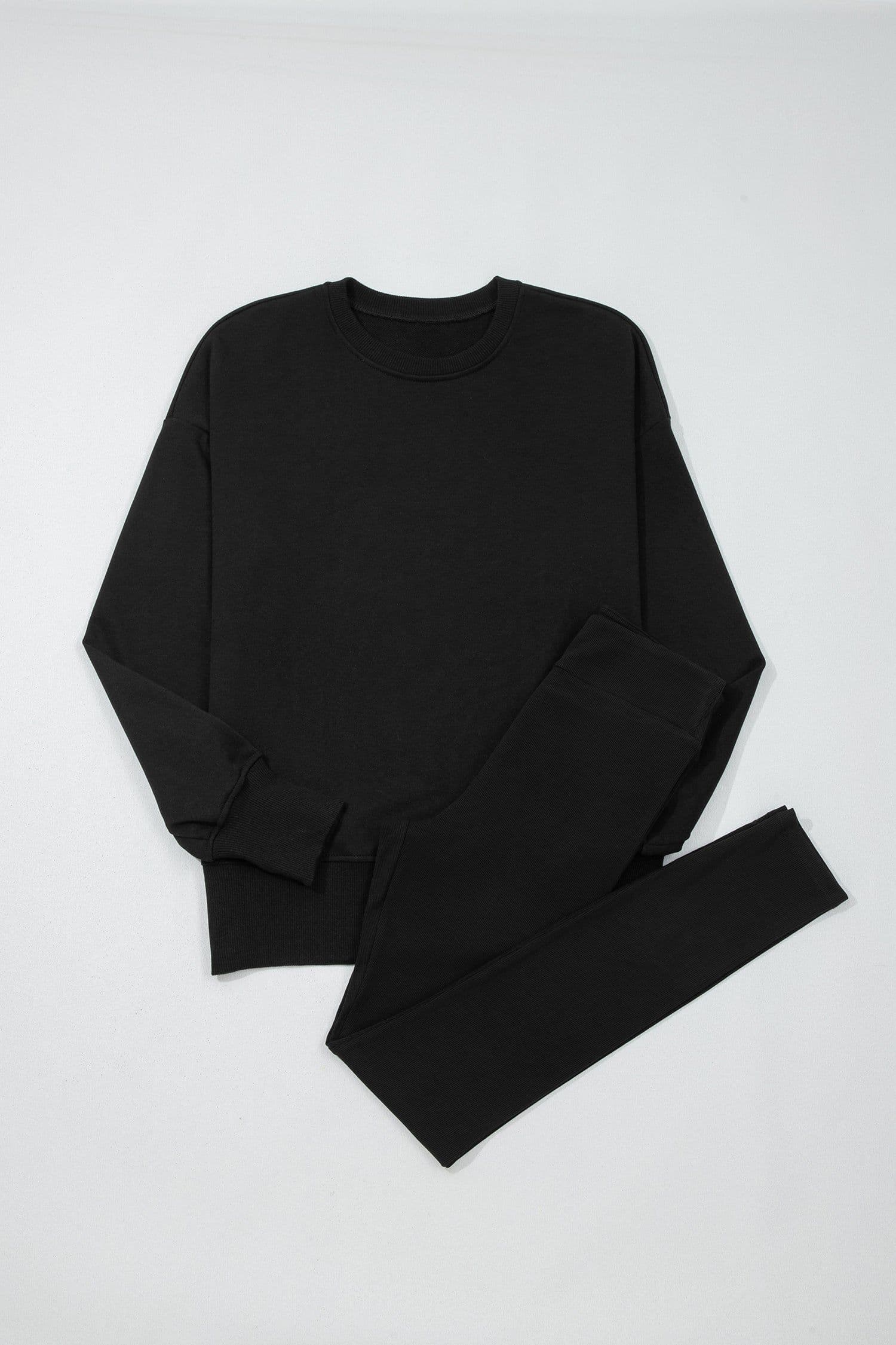 image-Black Solid Color Oversize Slit Sweatshirt Ribbed Leggings 2pcs Set