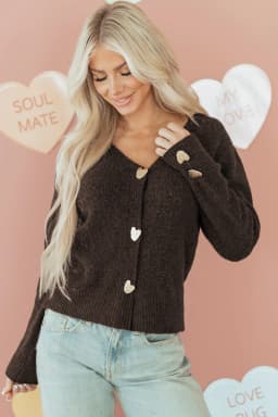 image-Chicory Coffee Heart Metal Button V Neck Cardigan