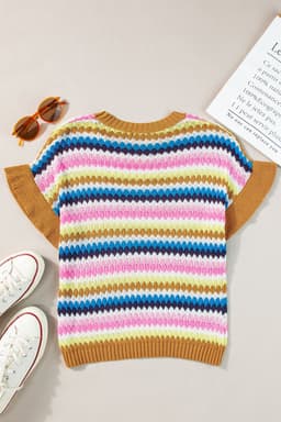 image-Fiery Red Trimmed Ruffle Sleeve Colorful Textured Sweater