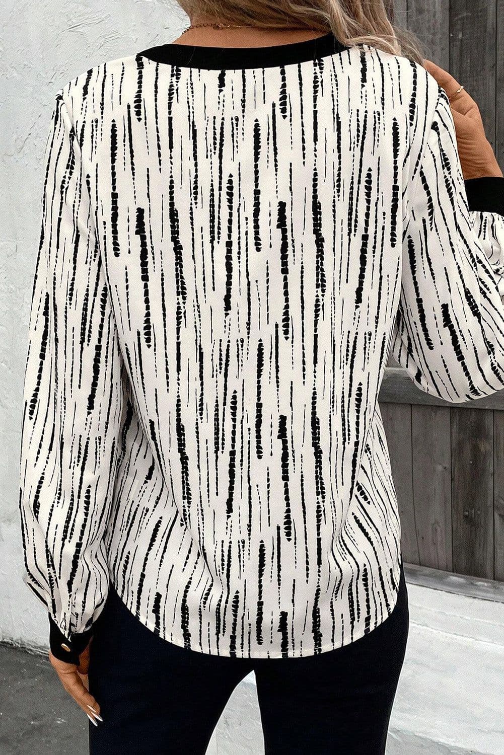 image-White Abstract Printed V Neck Fall Blouse