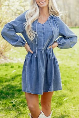 image-Myosotis Denim Mini Dress - Puff Sleeve V Neck