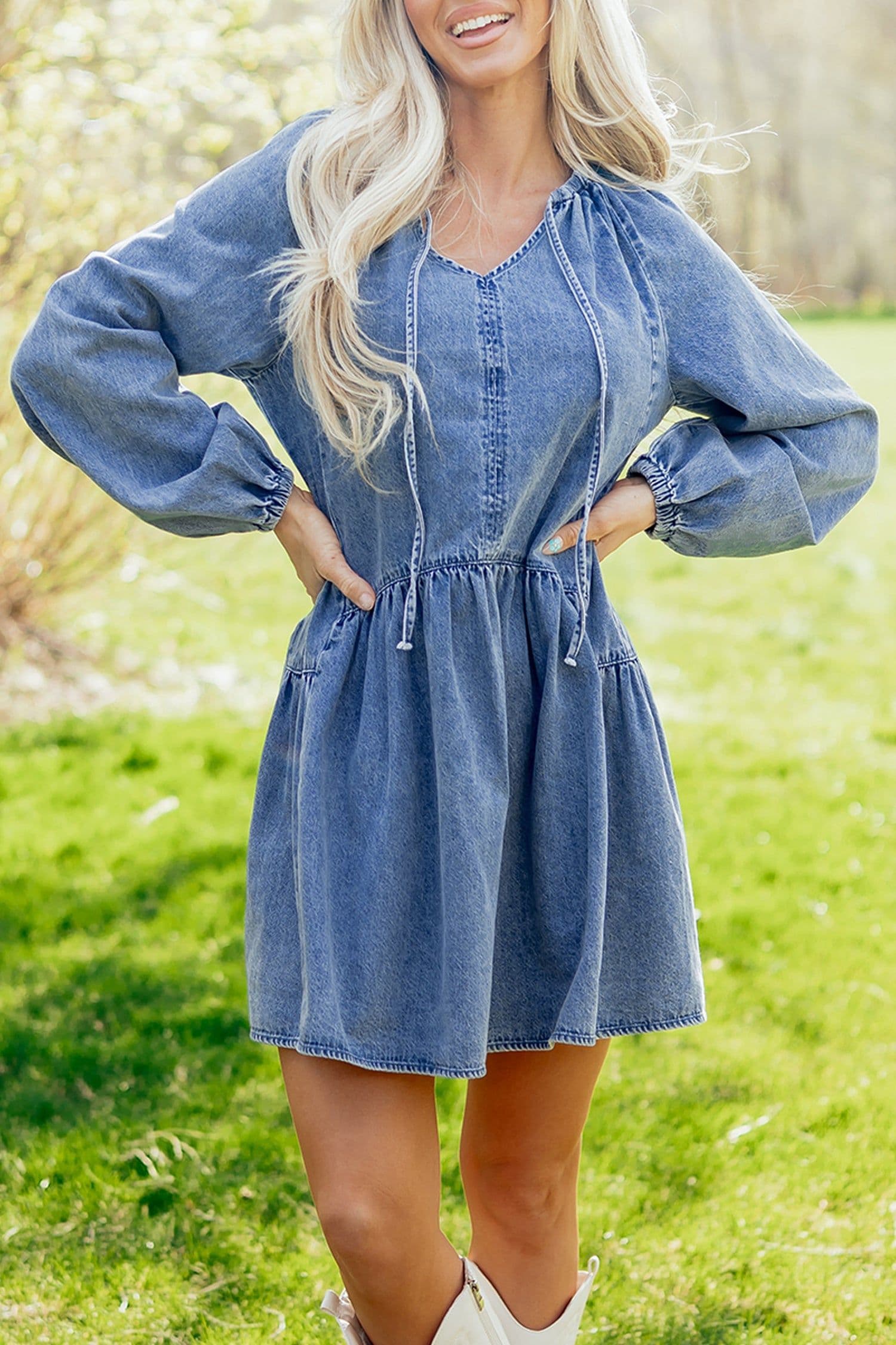 image-Myosotis Denim Mini Dress - Puff Sleeve V Neck