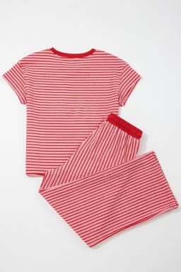 image-Khaki Stripe Crew Neck Tee Drawstring Waist Cropped Pants Set