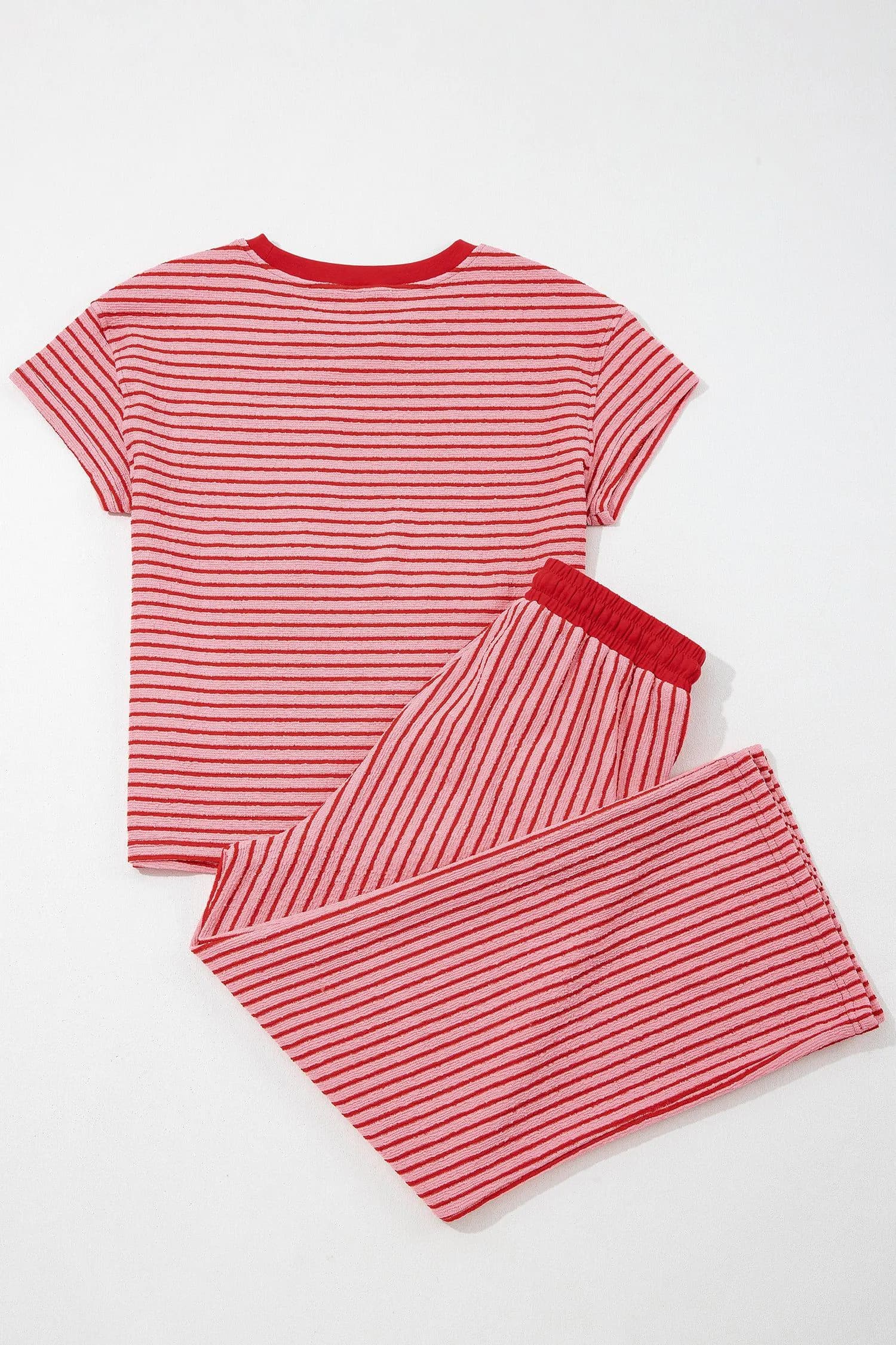 image-Khaki Stripe Crew Neck Tee Drawstring Waist Cropped Pants Set