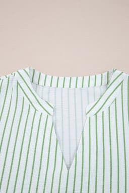 image-Green Stripe Floral Puff Sleeve V-Neck Babydoll Blouse