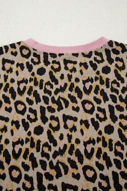 image-Pink Leopard Print Contrast Edge Long Sleeve Pullover Shorts Set