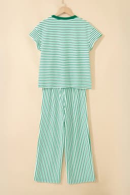 image-Khaki Stripe Crew Neck Tee Drawstring Waist Cropped Pants Set