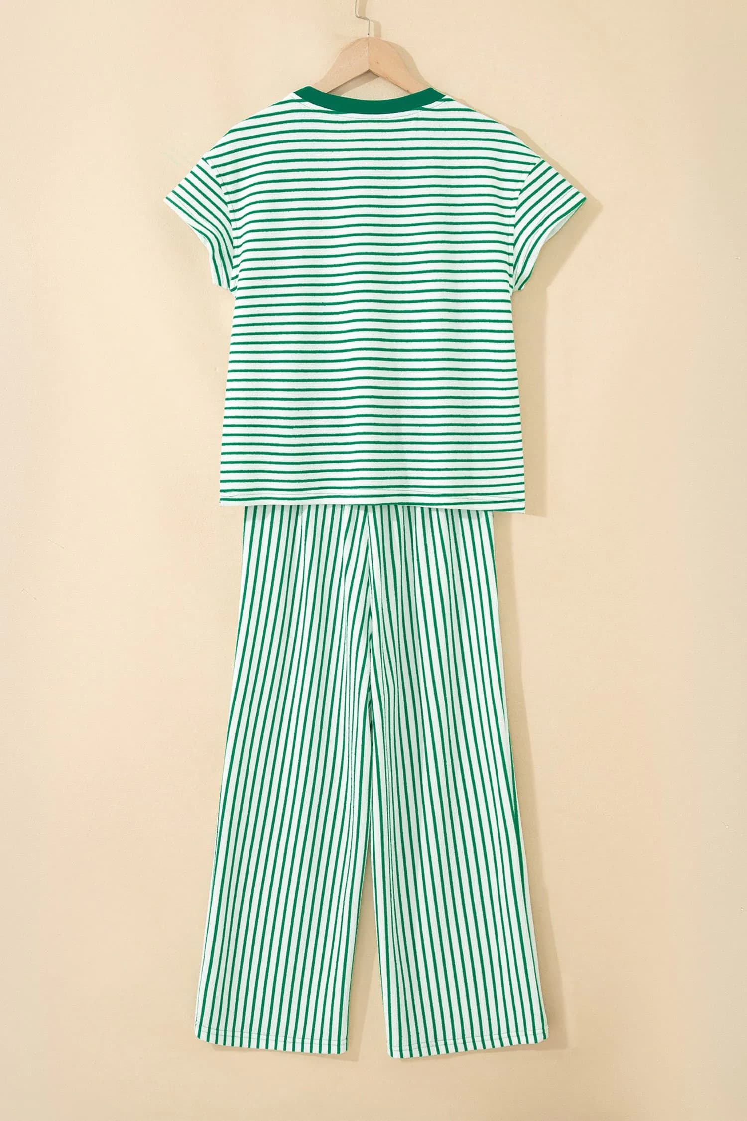 image-Khaki Stripe Crew Neck Tee Drawstring Waist Cropped Pants Set