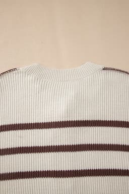 image-Brown Stripe Ribbed Henley Drop Shoulder Slouchy Sweater