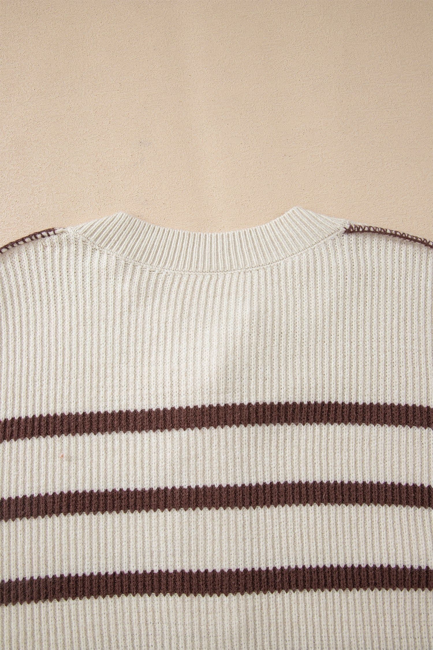 image-Brown Stripe Ribbed Henley Drop Shoulder Slouchy Sweater