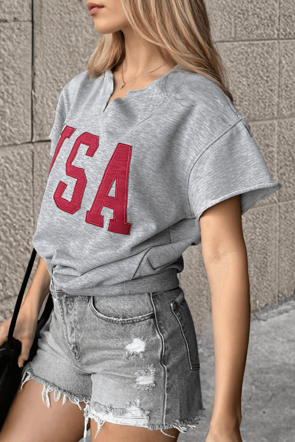 image-Light Grey USA Lettering Patch Notched Neck Loose Tee