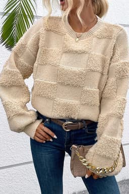 image-Checkered Sherpa Crew Neck Sweater - Parchment Loose Fit