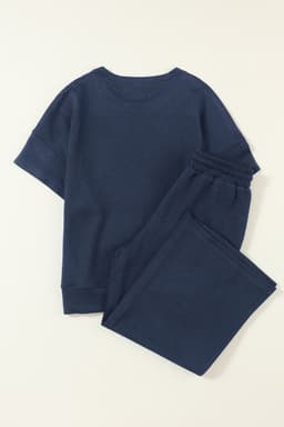 image-Strawberry Pink Textured Loose Fit T Shirt and Drawstring Pants Set