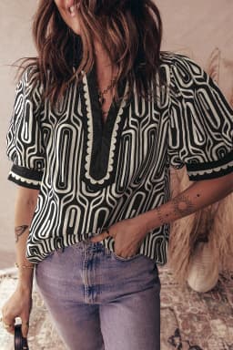 image-Black Geometric Print Contrast Scallop Color Block Patchwork Short Sleeve Blouse