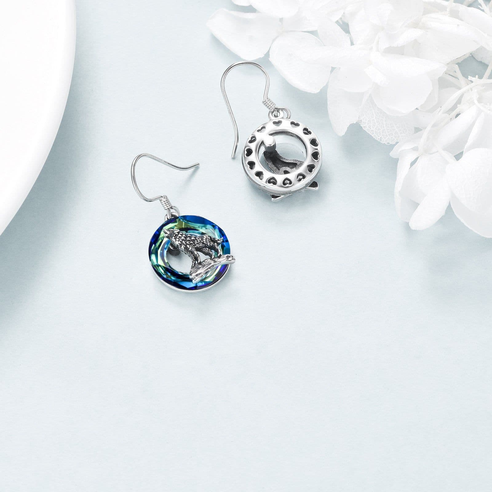 image-Sterling Silver Viking Wolf Earrings Necklace Jewelry with Crystal