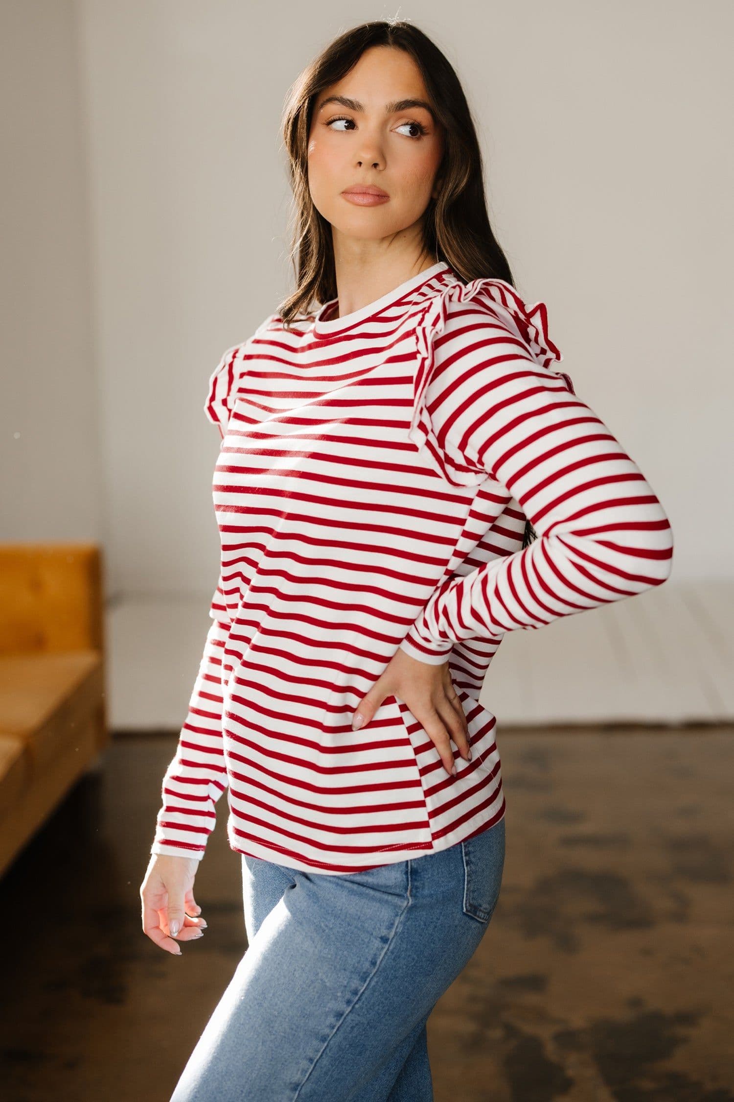 image-Red Stripe Ruffle Long Sleeve Top