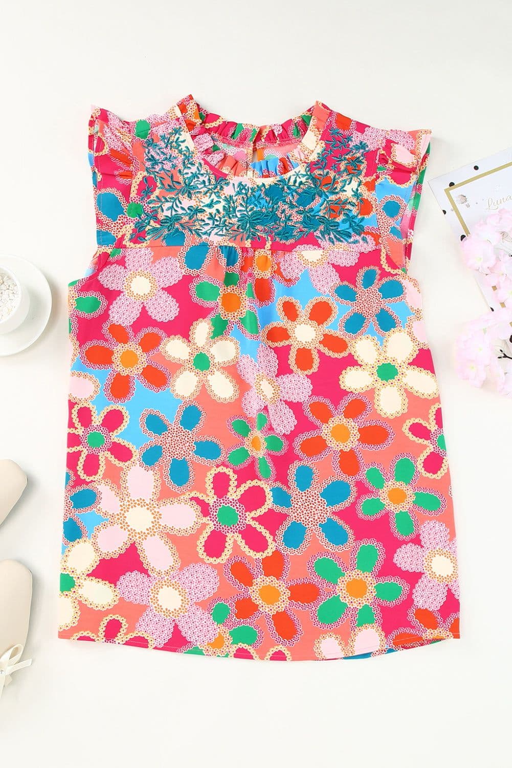 image-Rose Embroidered Floral Print Ruffle Trim Tank Top