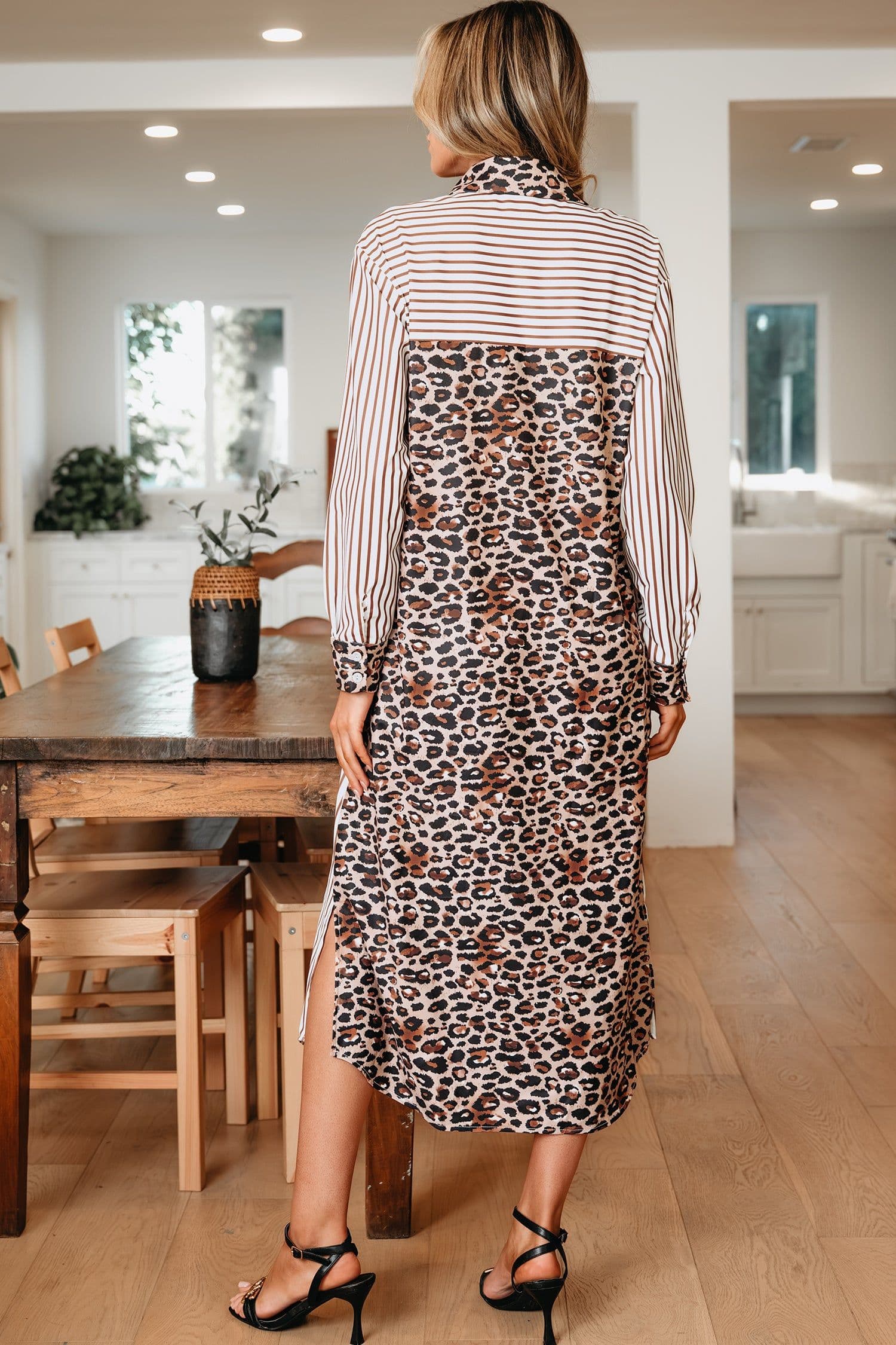 image-Sky Blue Stripe Leopard Patchwork Shirt Dress