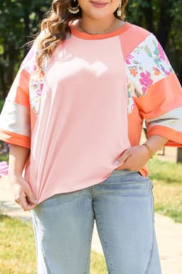 image-Plus Size Floral Print Patchwork Raglan Sleeve Top - Orange