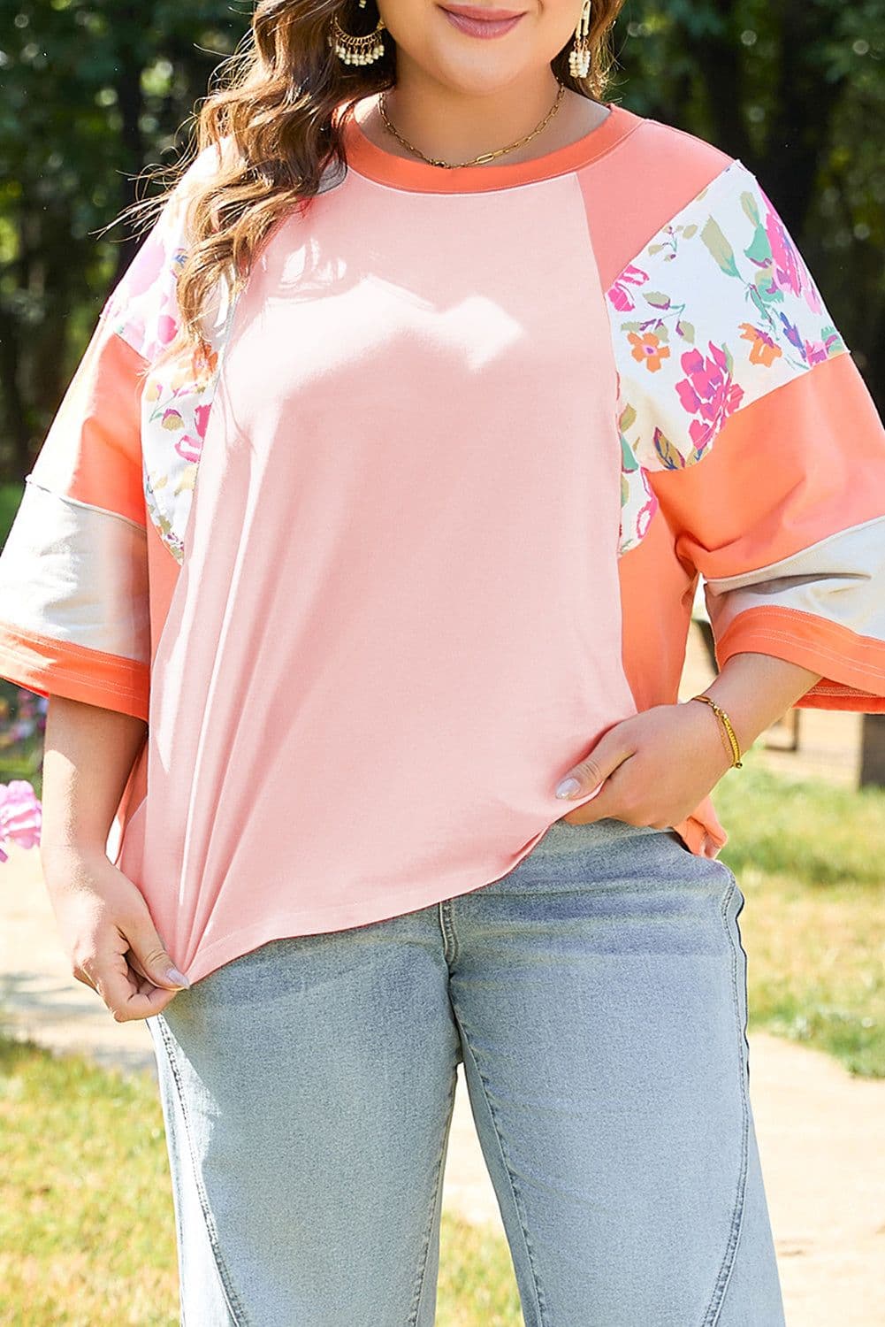 image-Plus Size Floral Print Patchwork Raglan Sleeve Top - Orange