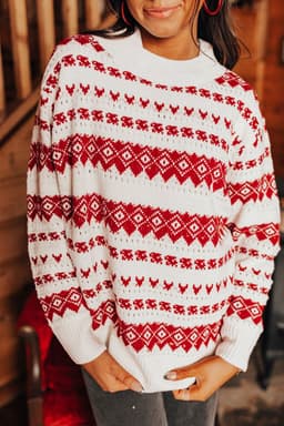 image-Geometric Patterned Loose Crew Neck White Sweater
